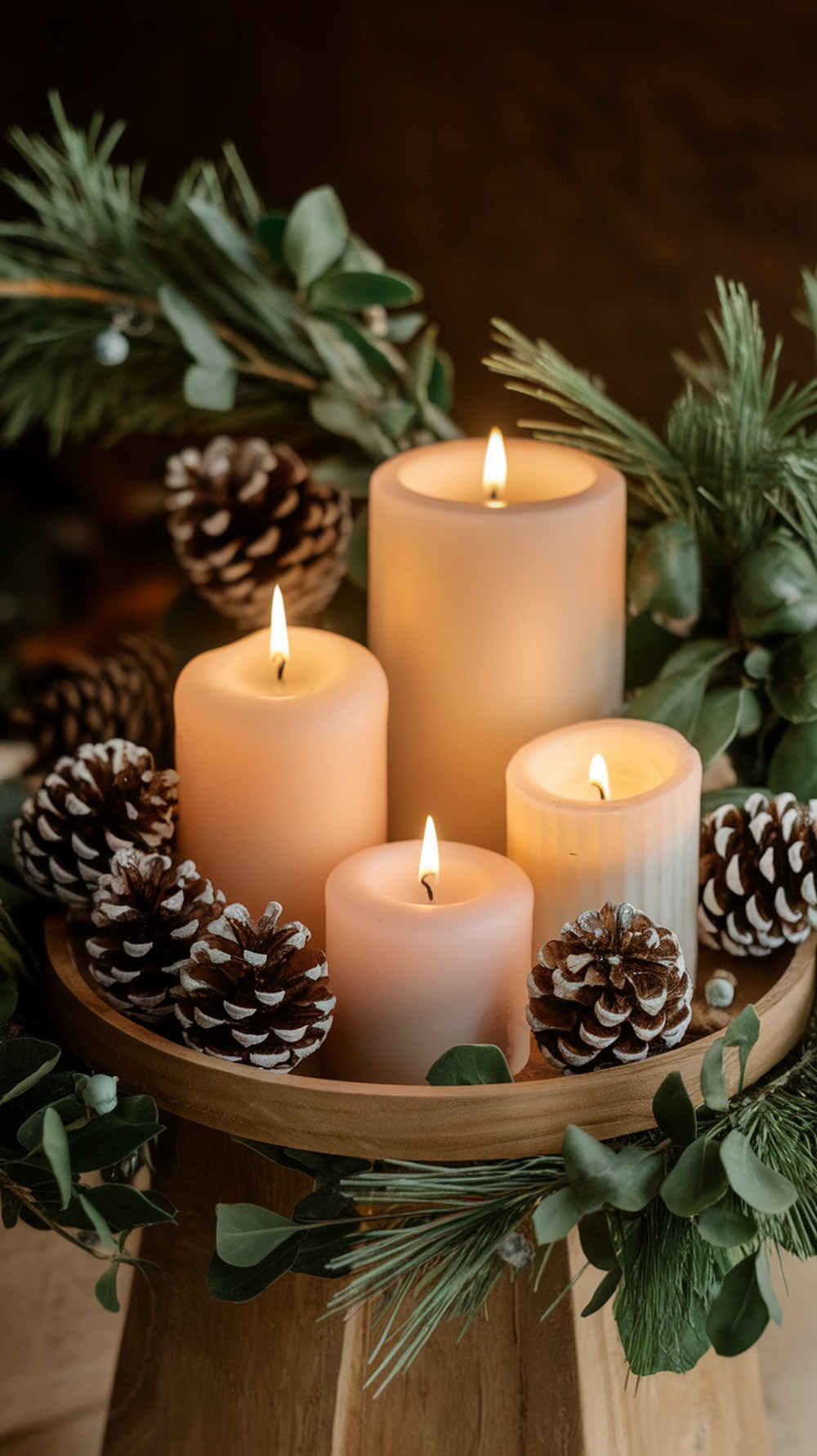 A beautiful arrangement of candles surrounded by pinecones and greenery, creating a cozy holiday atmosphere.
