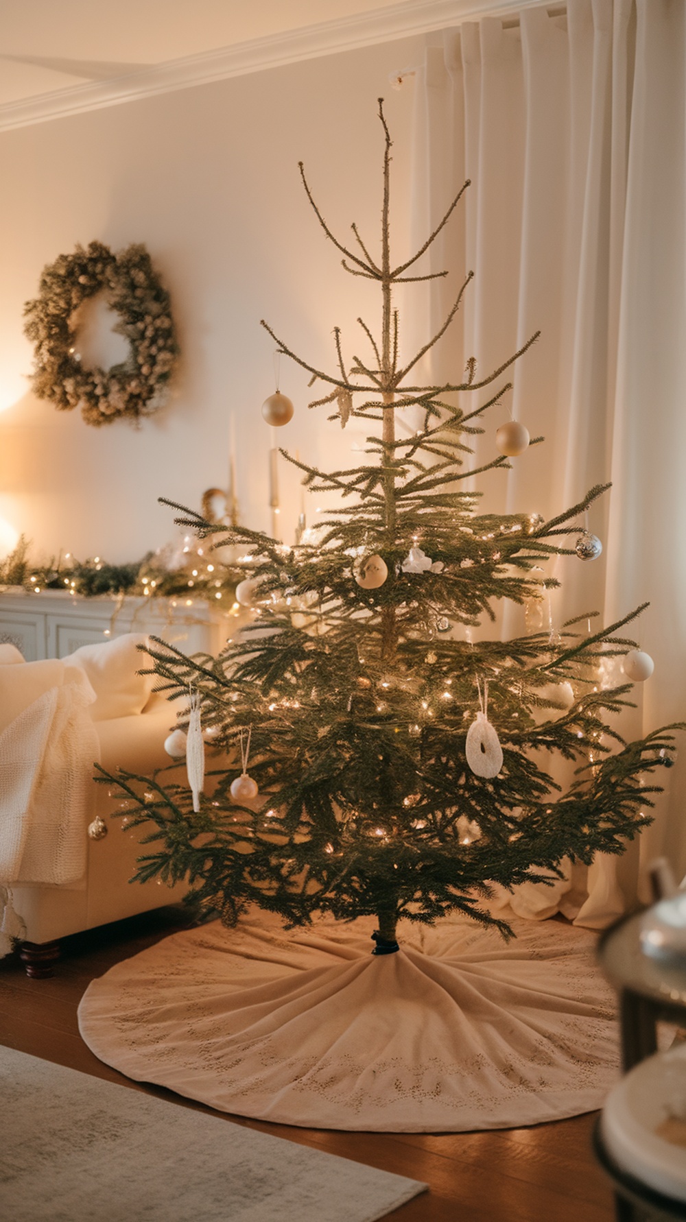 A minimalist Christmas tree with a soft tree skirt, decorated with lights and ornaments.