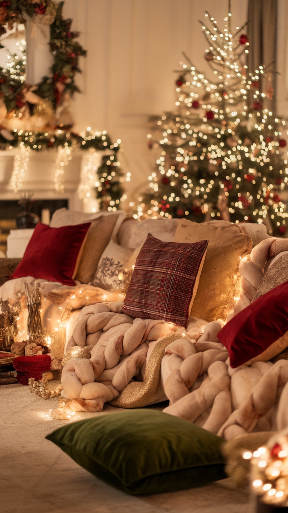 Cozy living room decorated for Christmas with plush textiles and festive lights.