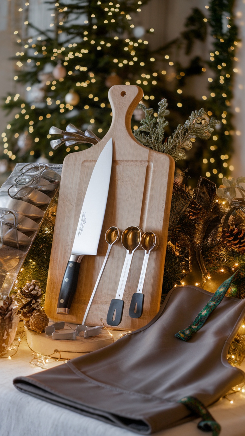 A wooden cutting board with a chef's knife, measuring spoons, and an apron, set against a festive backdrop of Christmas lights and decorations.