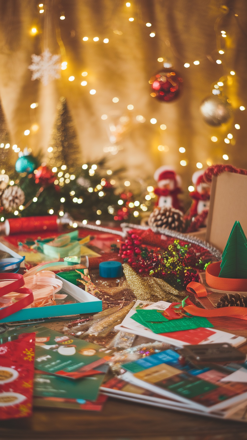 A festive scene with various holiday craft supplies including ribbons, papers, and decorations, set against a backdrop of twinkling lights.