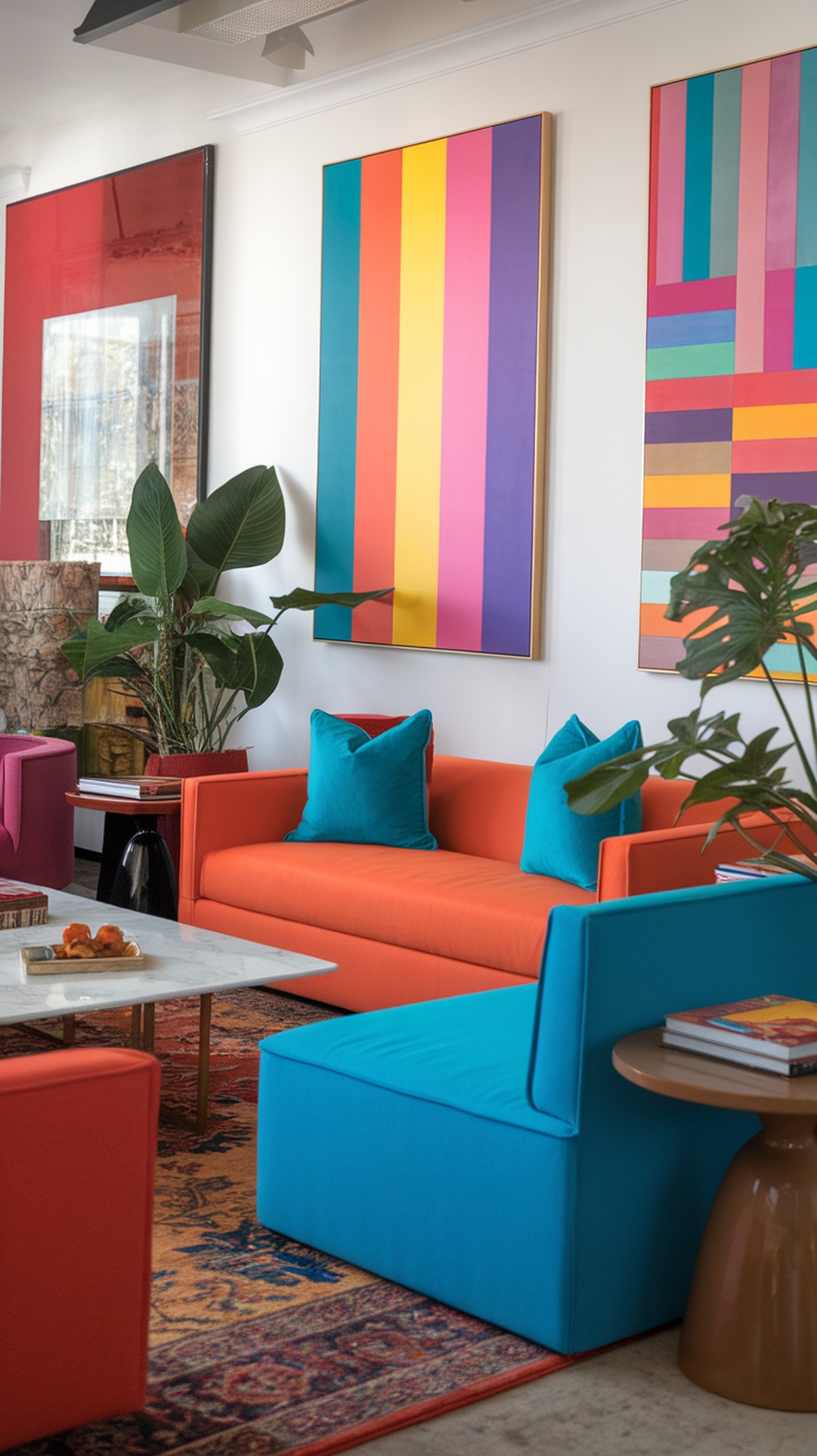 A vibrant living room featuring an orange sofa, blue chair, and colorful wall art.