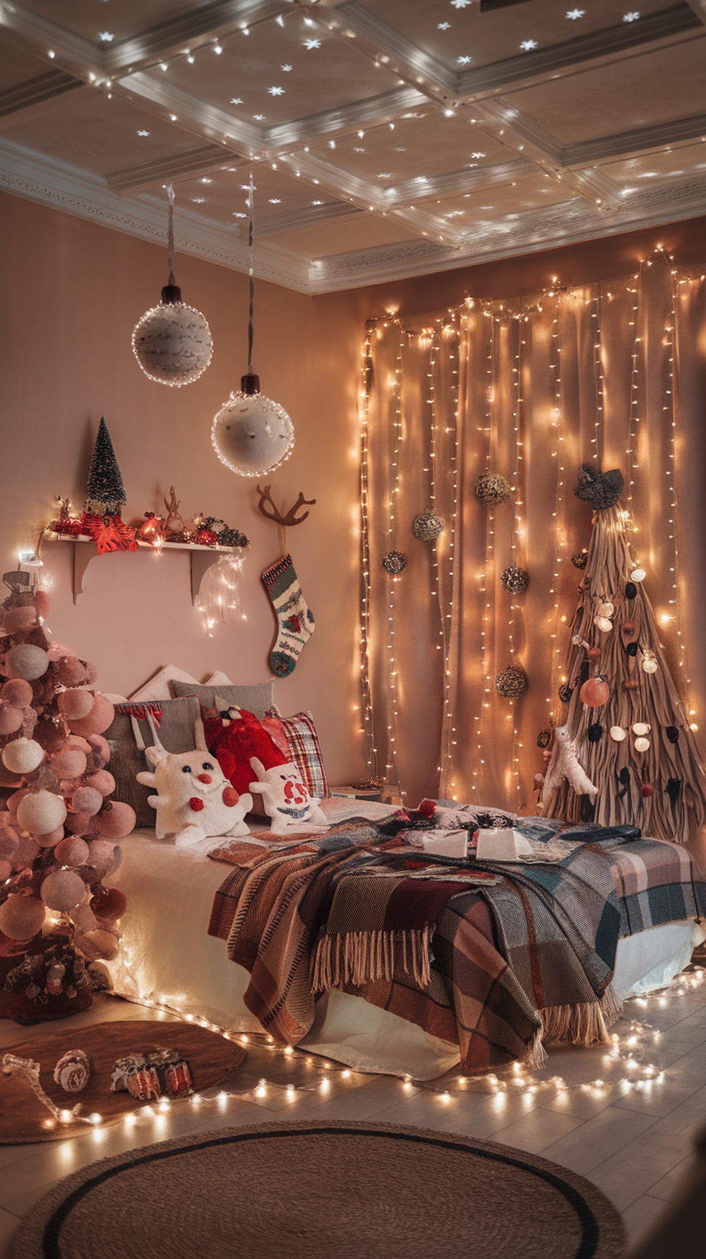 A cozy bedroom decorated with whimsical Christmas elements, including plush pillows, fairy lights, and a unique yarn tree.