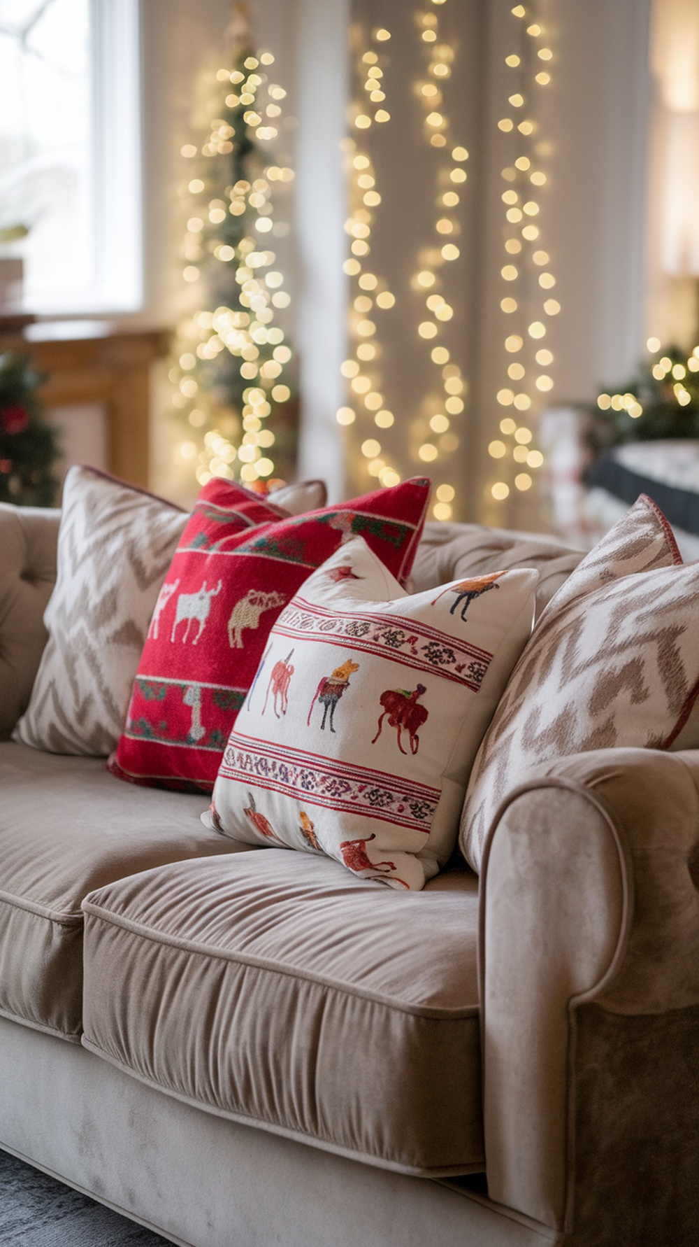 Cozy couch with seasonal DIY pillows in festive patterns and colors