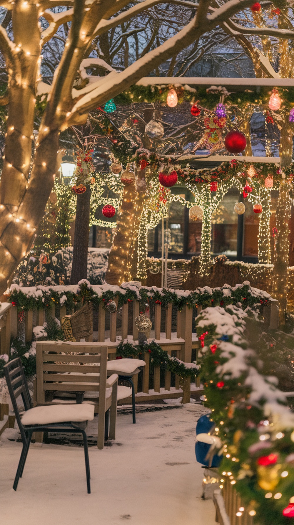 A beautifully decorated outdoor space for Christmas, featuring snow-covered furniture, colorful ornaments, and twinkling lights.