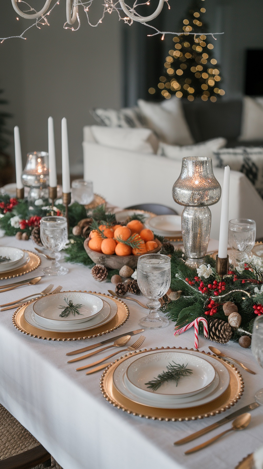 A beautifully set holiday dining table featuring elegant plates, glassware, and a festive centerpiece with oranges and greenery.