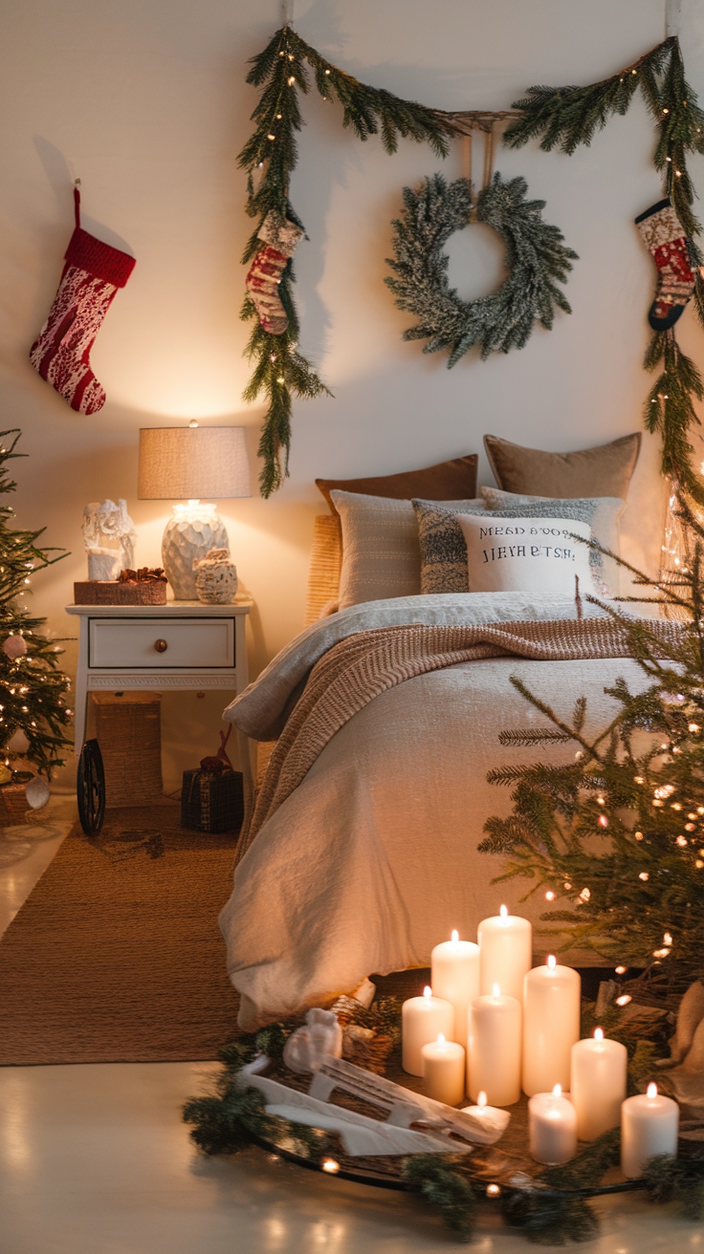 A cozy Christmas bedroom with candles, festive decorations, and warm lighting.