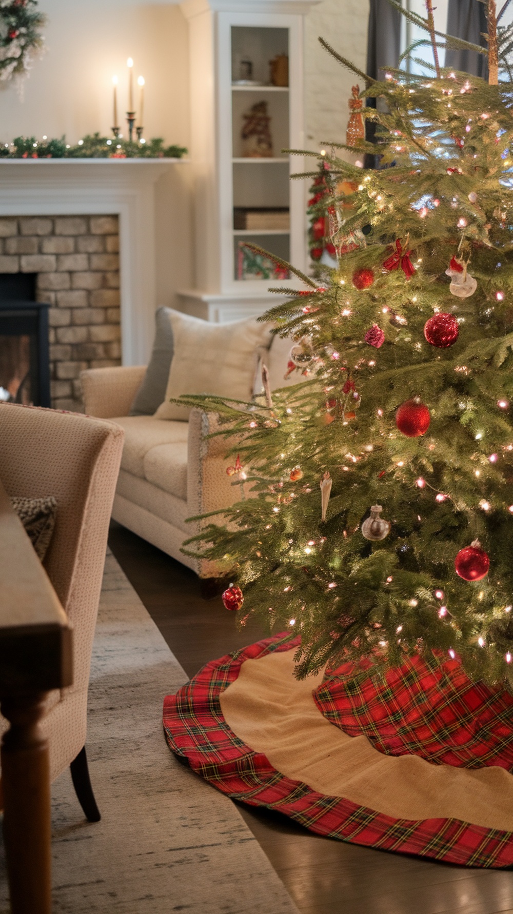 A cozy living room with a decorated Christmas tree and a plaid tree skirt.