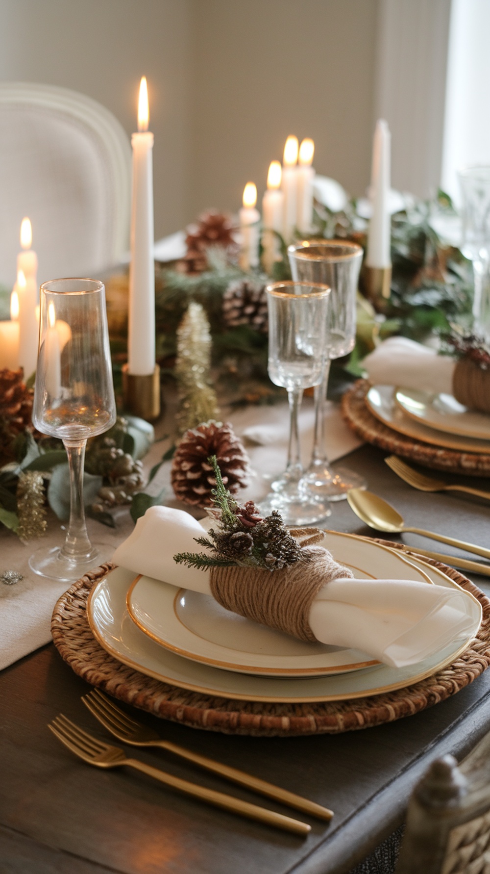 A festive table setting with DIY napkin holders made of twine and greenery, surrounded by candles and pinecones.