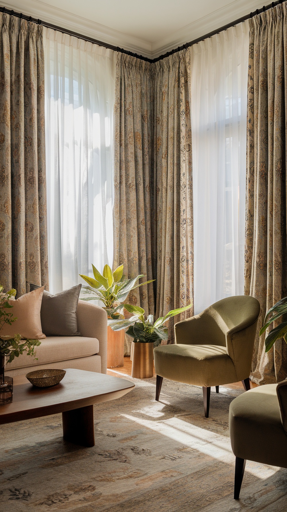 A cozy living room with patterned curtains and plants, showcasing stylish window treatments.