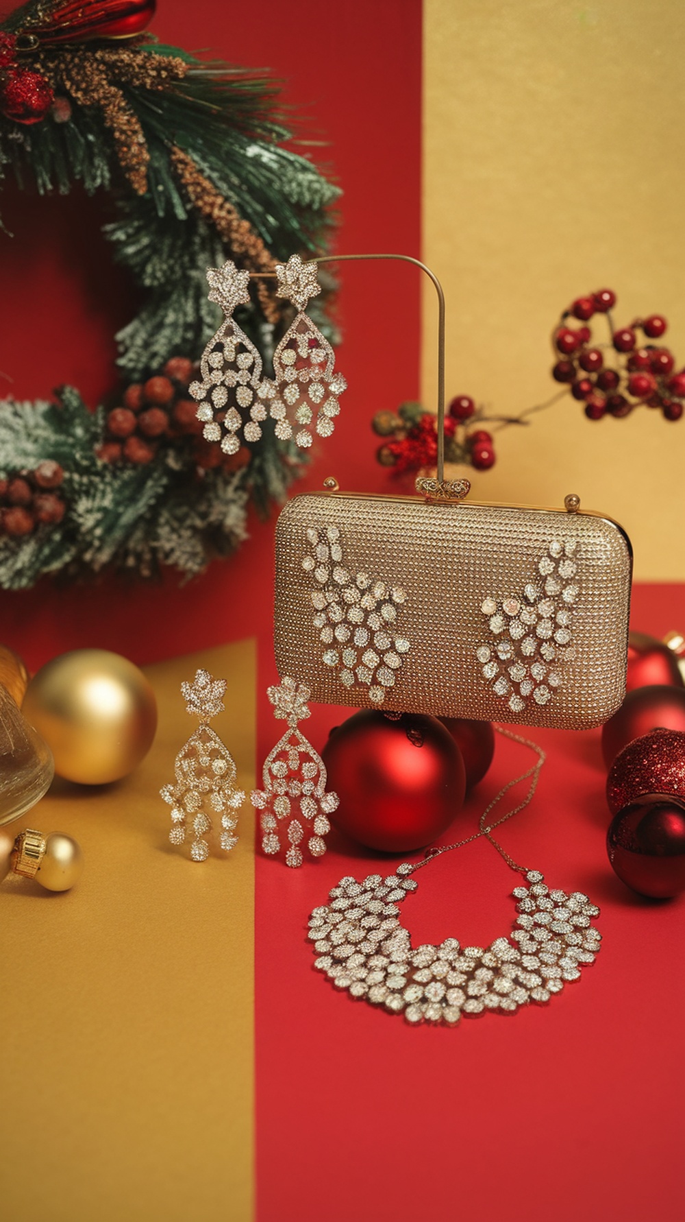 Elegant holiday accessories including sparkling earrings, a necklace, and a clutch against a festive background.