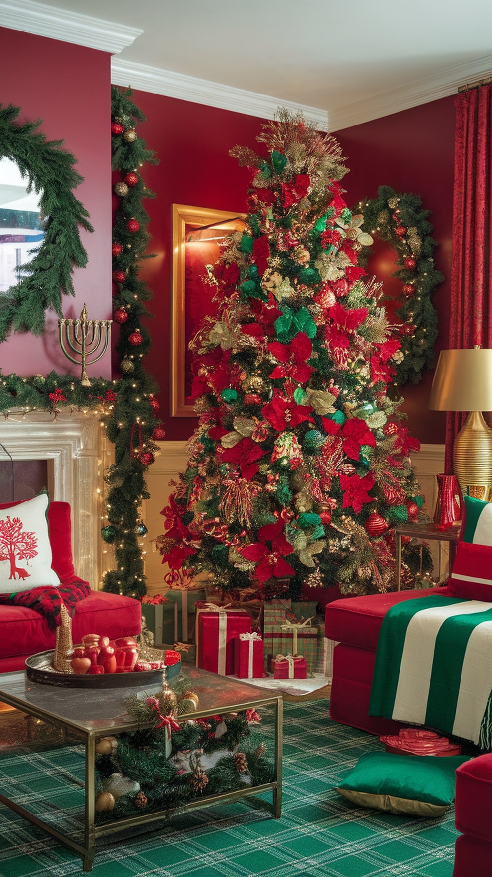 A beautifully decorated living room for Christmas featuring a bold color palette of red, green, and gold.