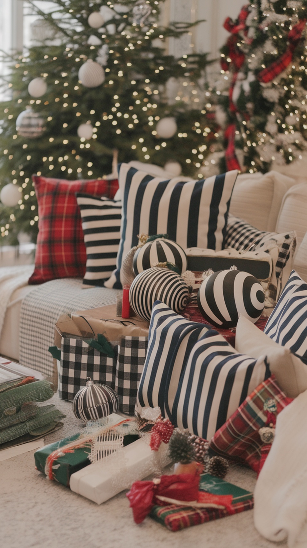 Cozy living room with striped and plaid pillows, ornaments, and wrapped gifts for Christmas.