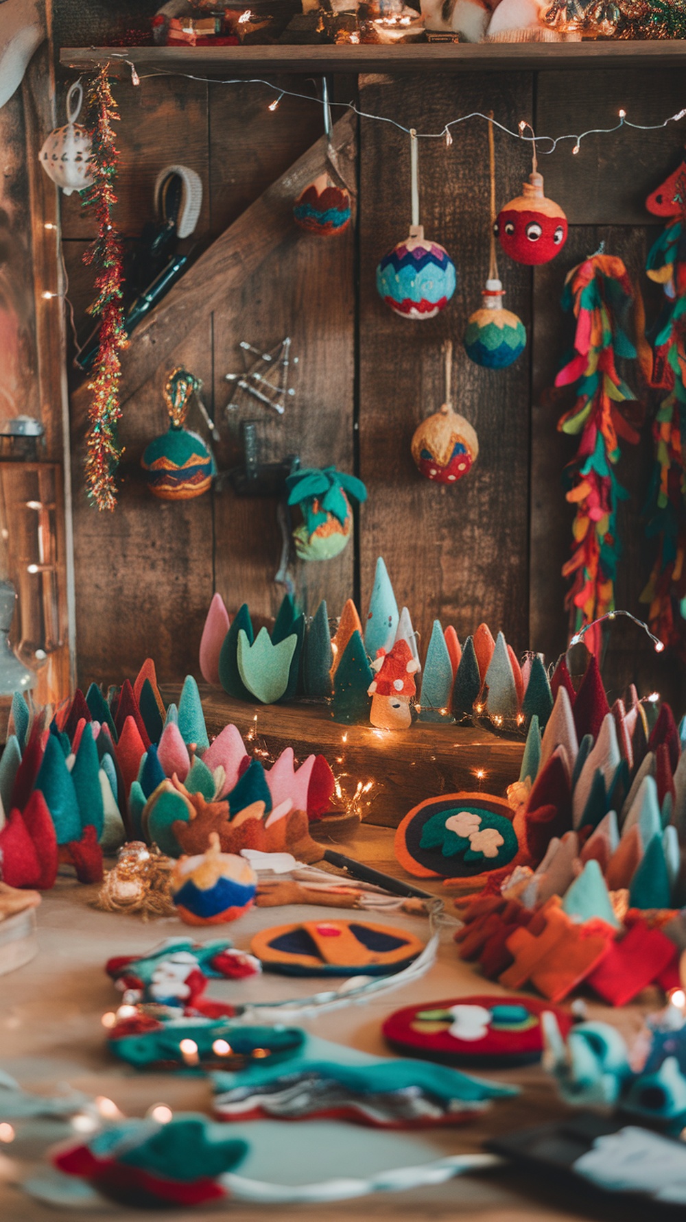 Colorful felt crafts displayed on a wooden table, featuring trees, ornaments, and other festive decorations.