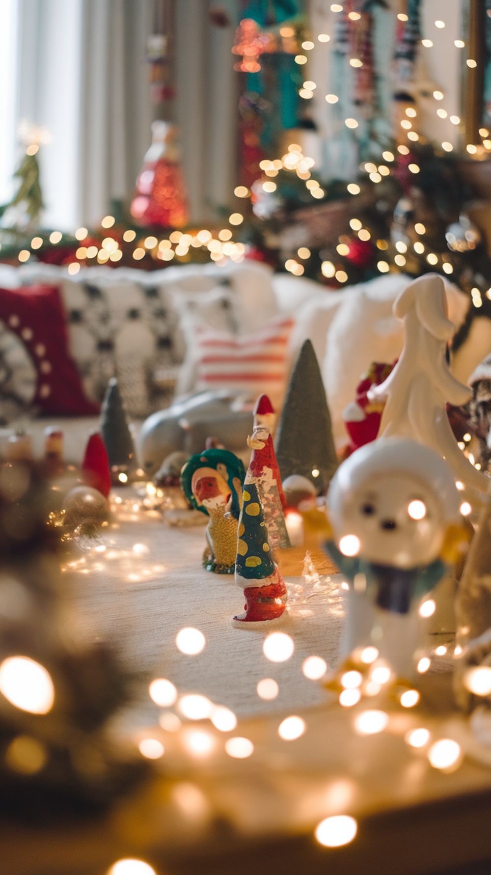 A cozy holiday scene featuring colorful figurines and twinkling lights, creating a festive atmosphere.