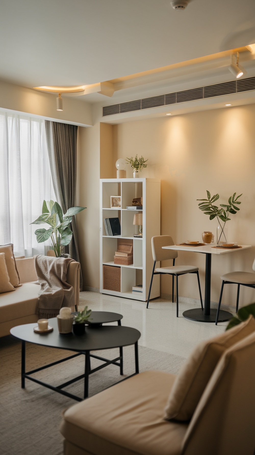 A cozy small living room with an open layout, featuring a sofa, dining table, plants, and a bookshelf.
