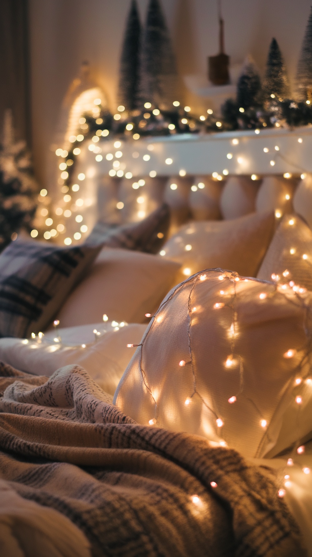 A cozy bedroom with twinkling fairy lights draped over pillows and blankets, creating a warm and inviting atmosphere.