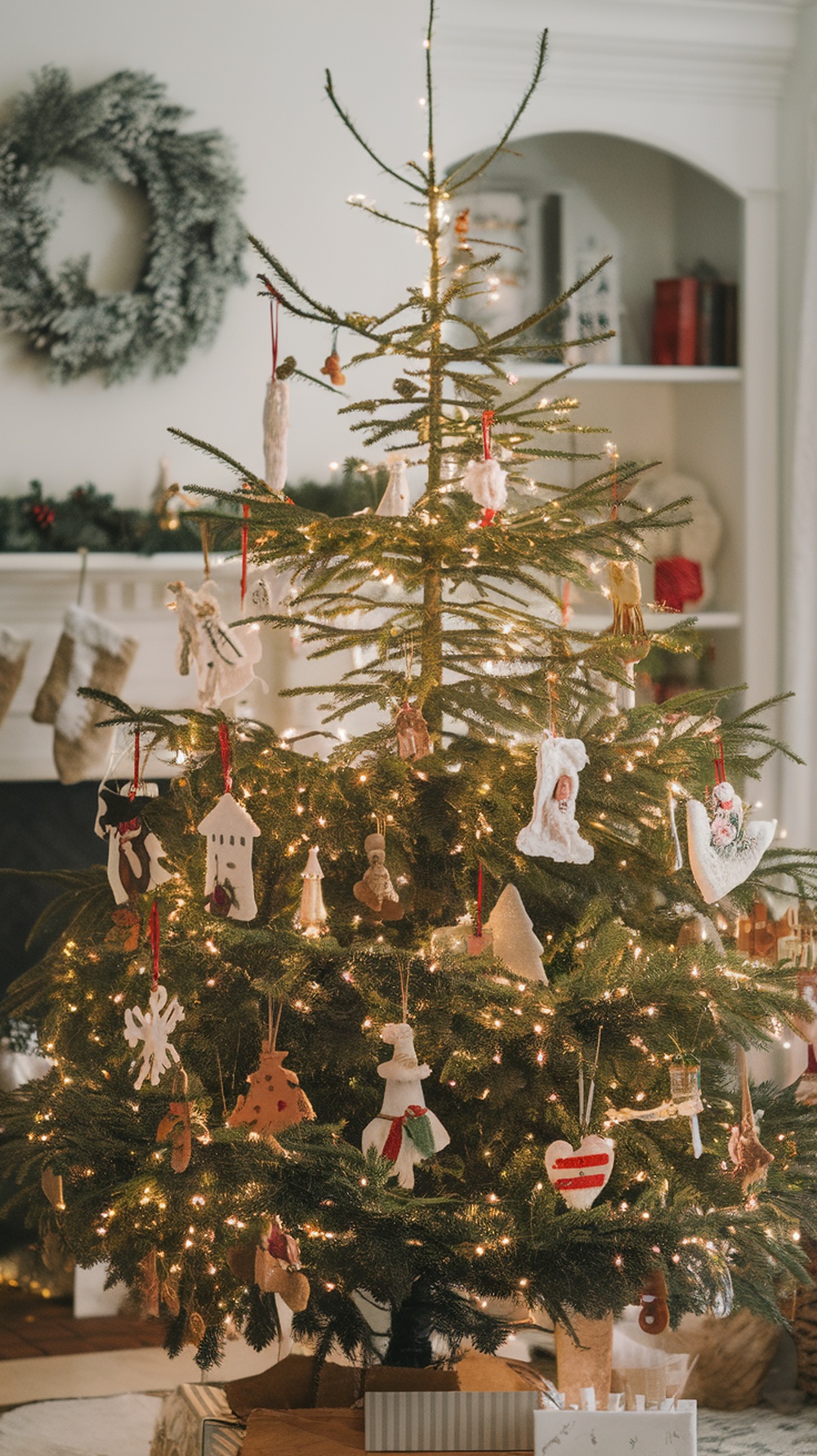 A beautifully decorated Christmas tree with various DIY ornaments, showcasing a warm and festive atmosphere.
