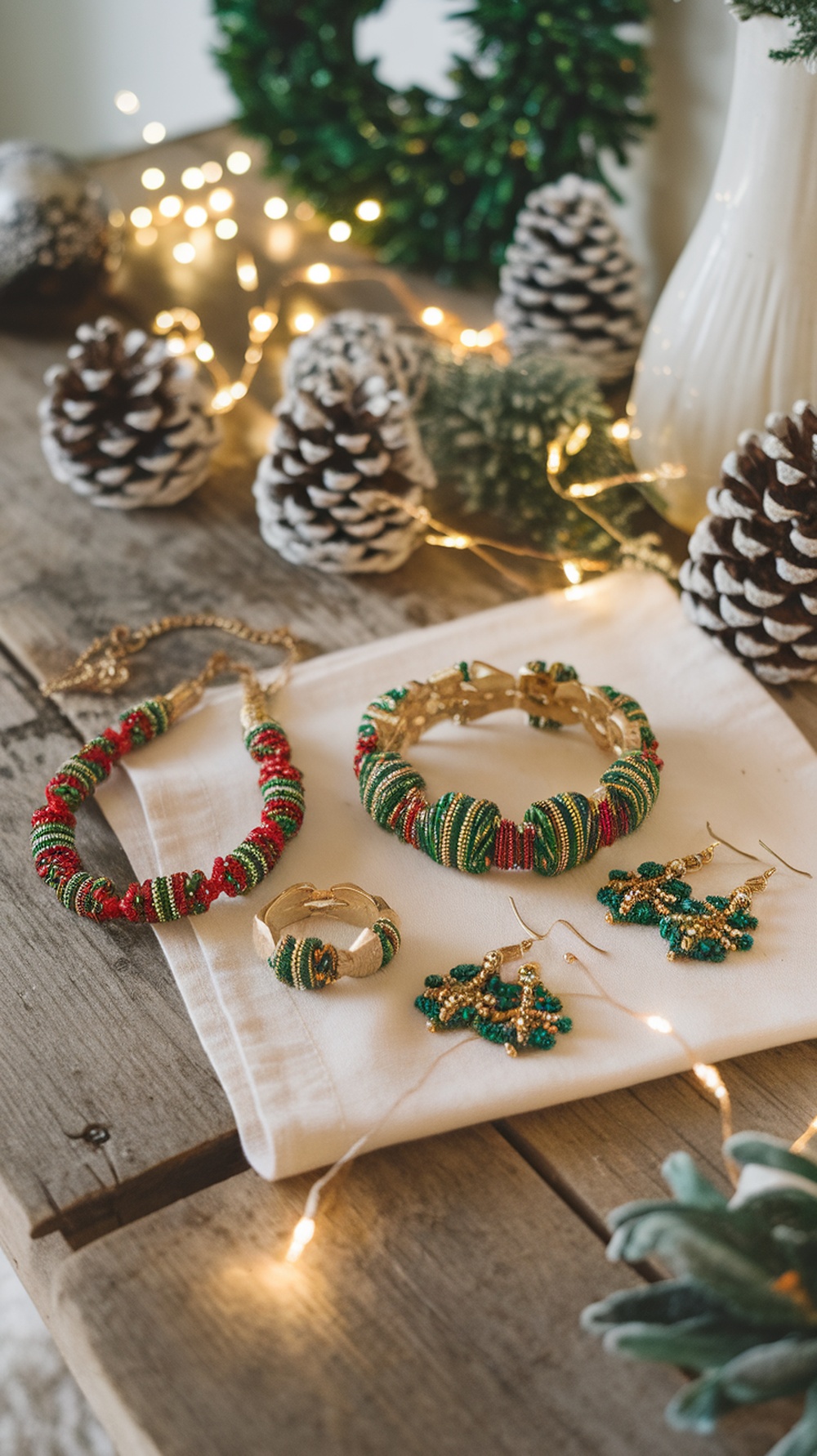 Colorful handmade holiday jewelry including bracelets and earrings on a wooden table with festive decorations.