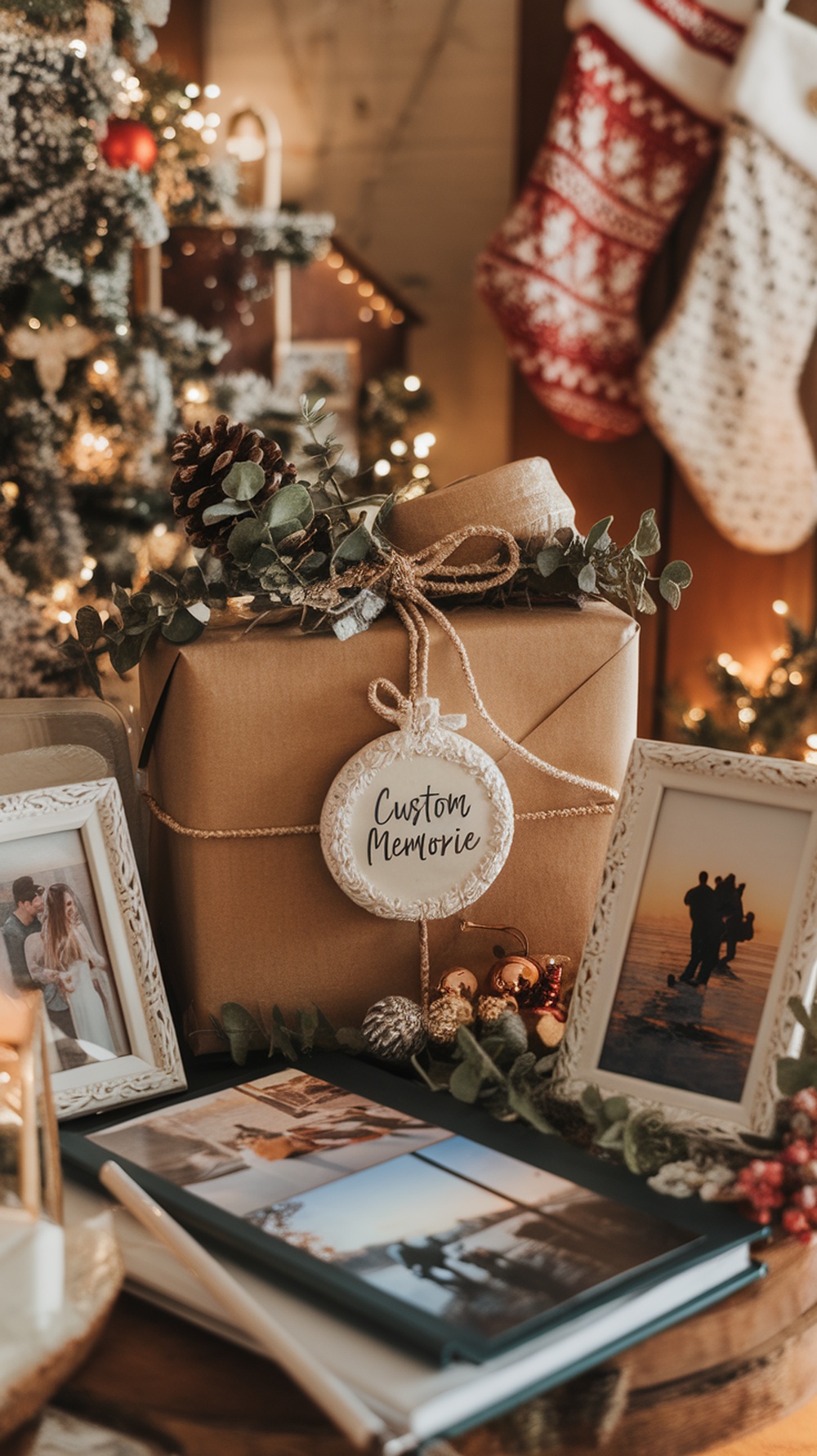 A beautifully wrapped gift labeled 'Custom Memories' surrounded by framed photos and a scrapbook, set against a festive backdrop.