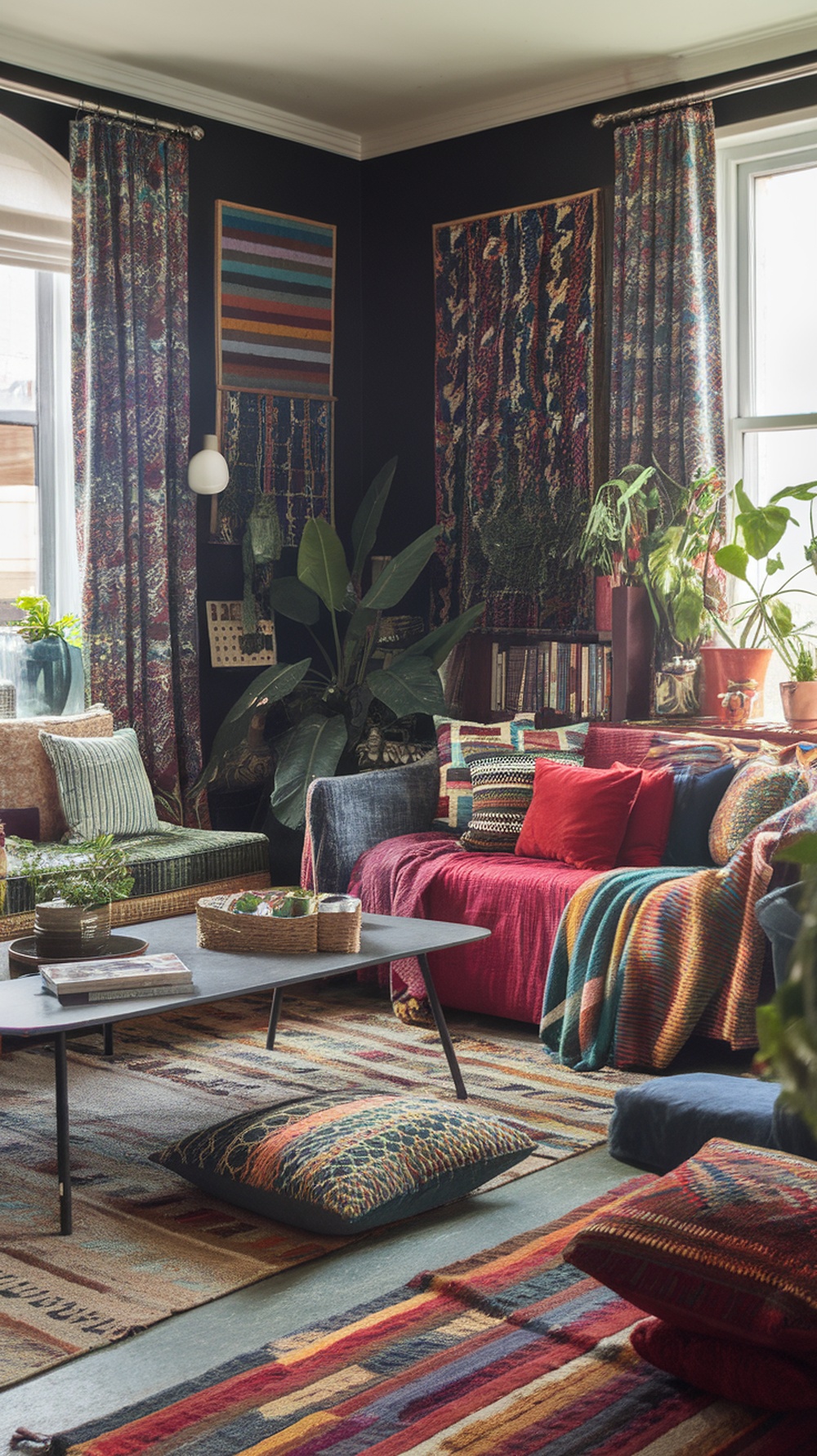 A cozy living room with a mix of colorful patterns, including patterned curtains, cushions, and rugs, featuring plants and a coffee table.