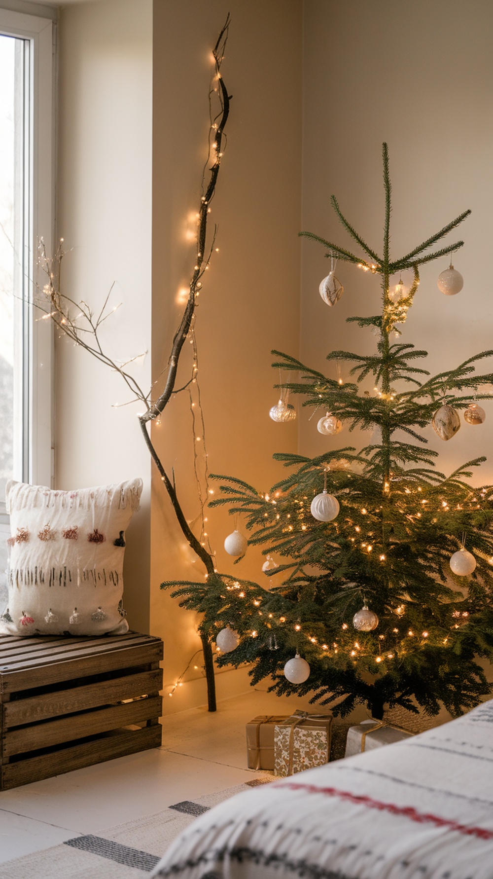 A cozy bedroom corner with a decorated Christmas tree, fairy lights, and rustic elements.