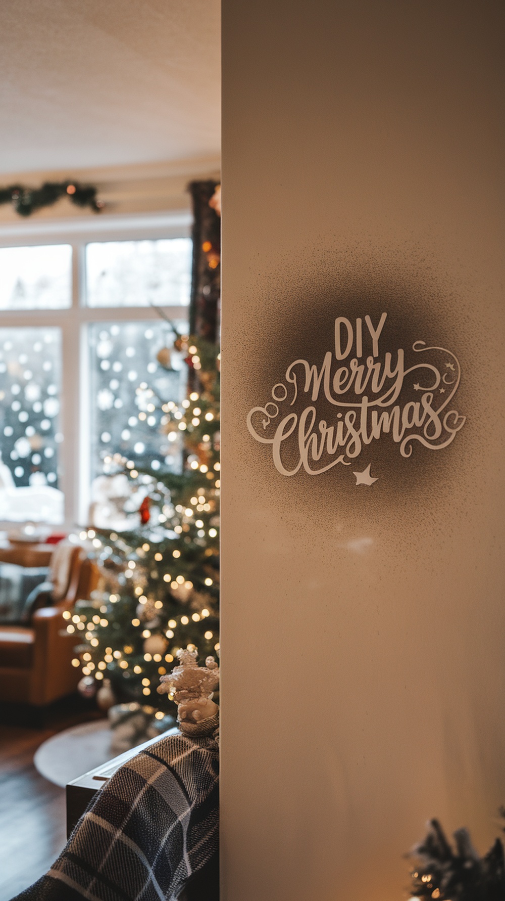 A cozy living room decorated for Christmas with a DIY 'Merry Christmas' sign and a snow spray effect.