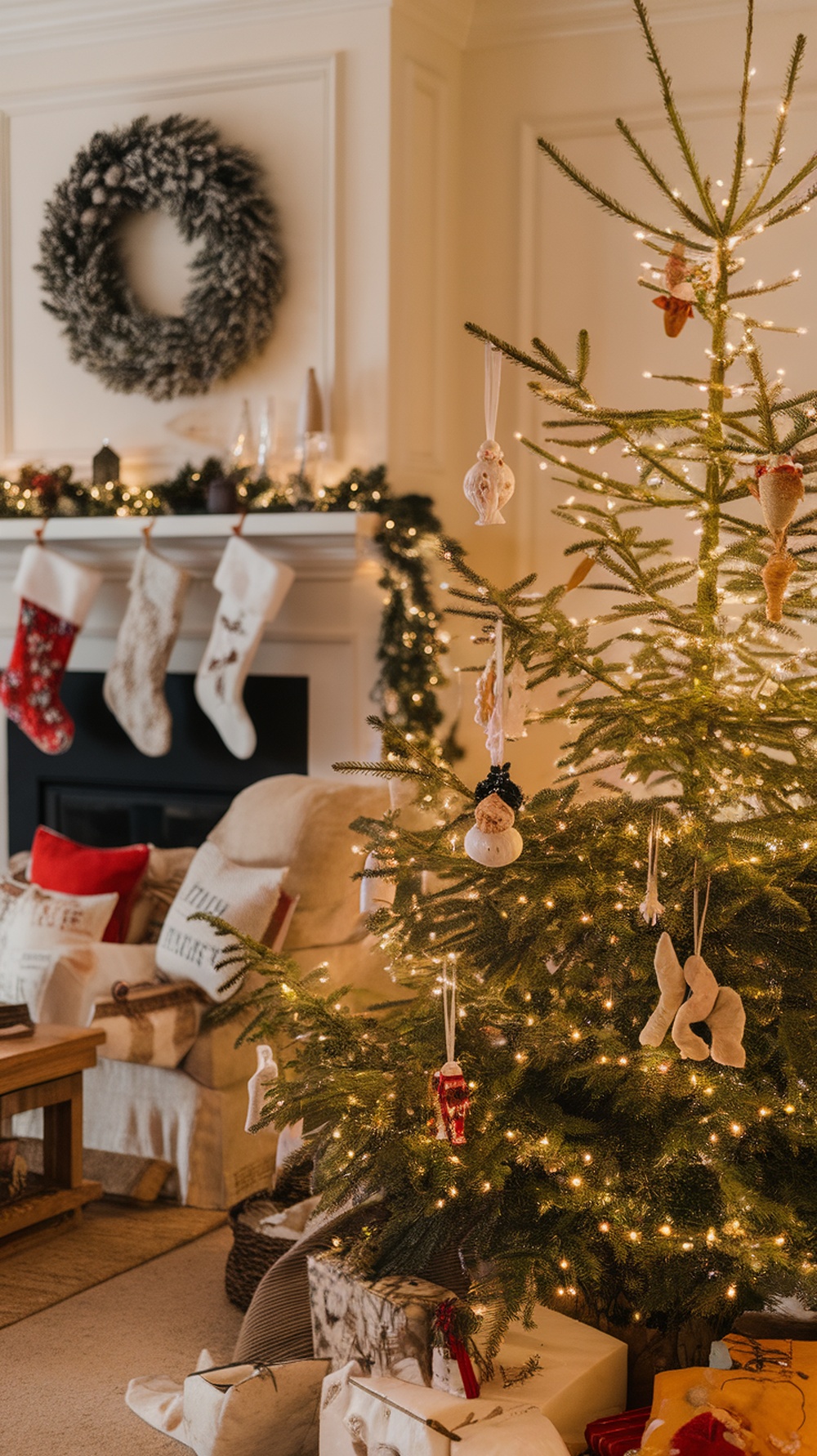 A cozy living room decorated for Christmas with a tree, stockings, and a wreath.