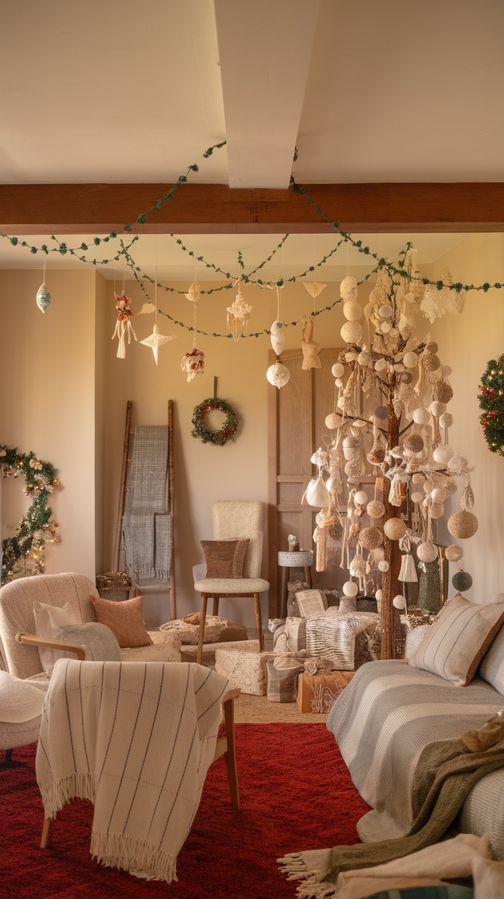 A cozy holiday room decorated with handmade ornaments and natural Christmas decor.
