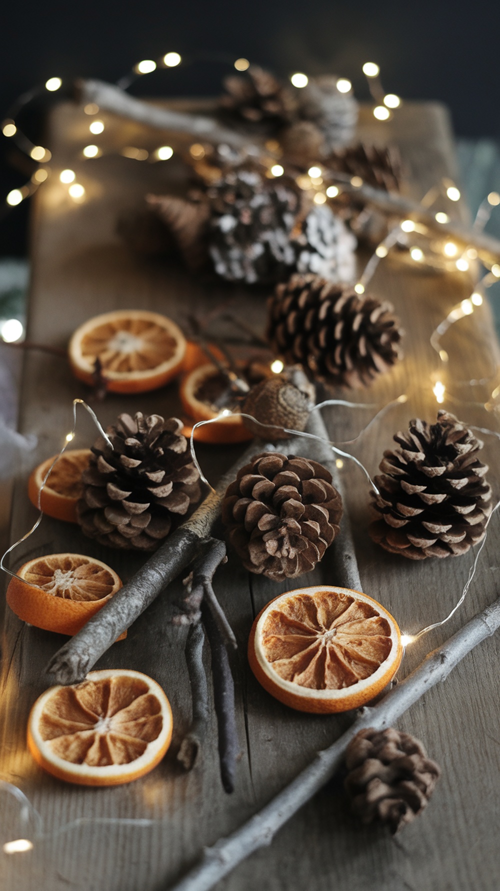 A collection of natural ornaments including dried orange slices, pine cones, and twigs, adorned with fairy lights.