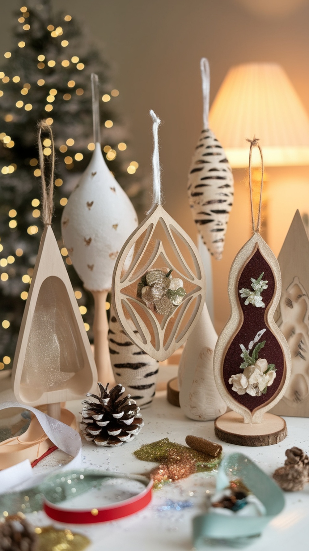A collection of DIY Christmas ornaments made from wood and felt, displayed with pinecones and glitter.