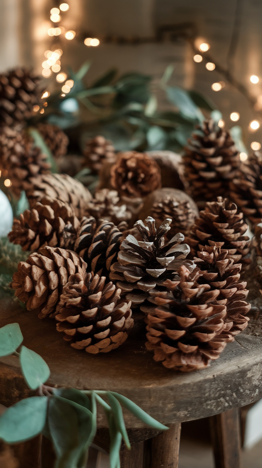 A collection of pinecones arranged on a wooden table, surrounded by greenery and soft lights.