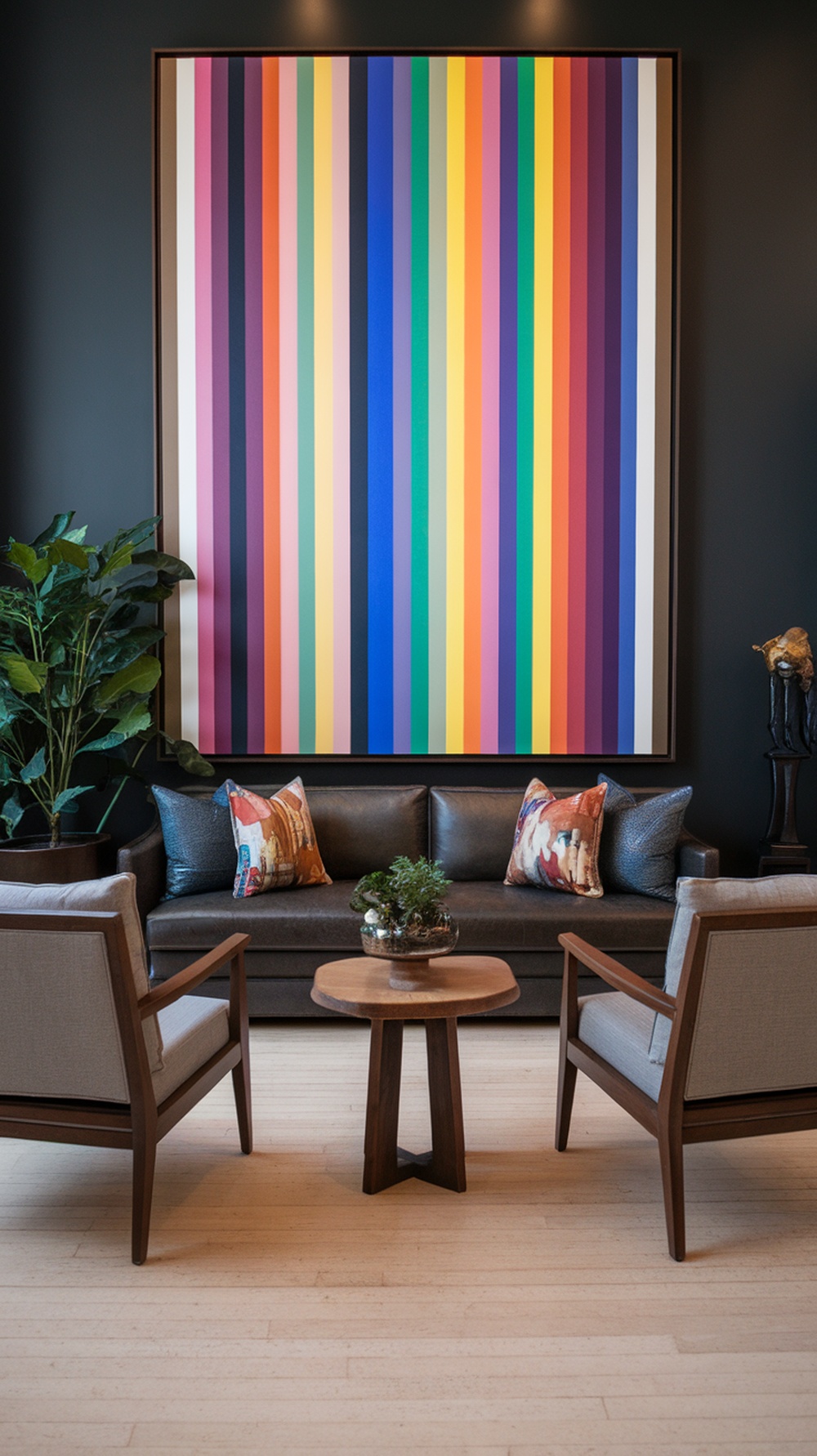 A living room featuring a vibrant striped artwork on a dark wall, with a cozy sofa and stylish decor.