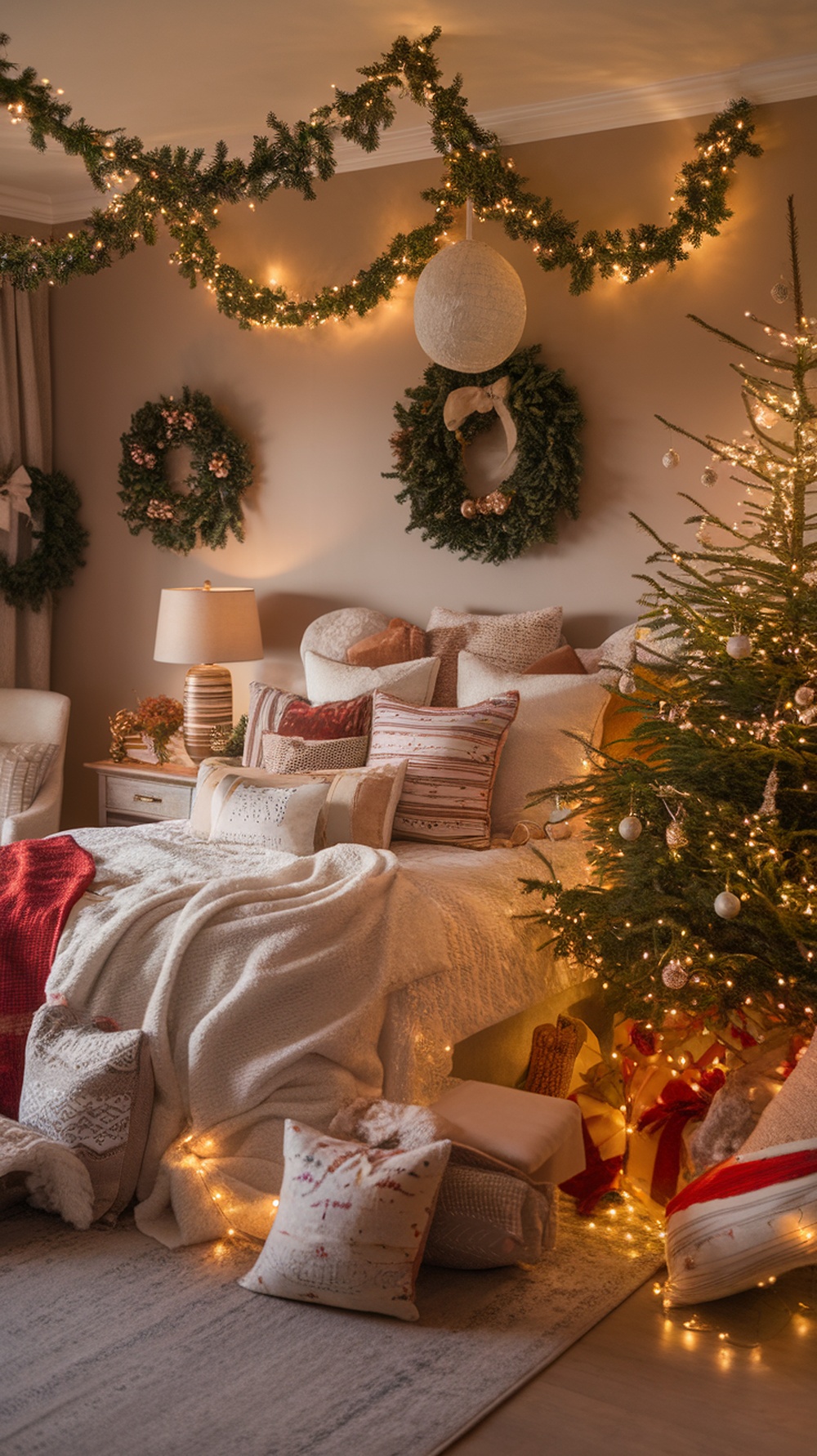 A cozy bedroom decorated for Christmas with soft textiles, including blankets and pillows, a Christmas tree, and warm lighting.