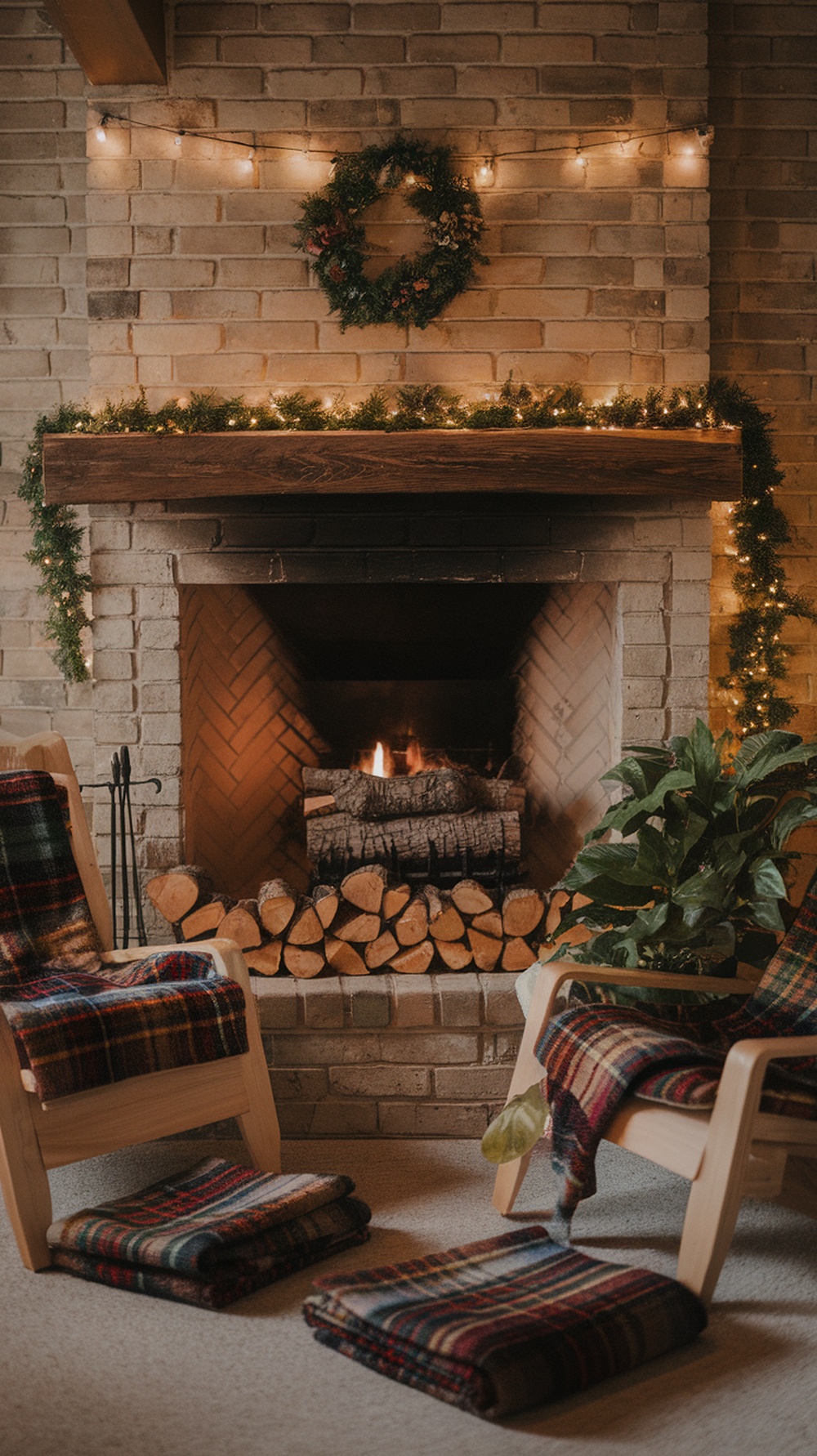 Cozy rustic Christmas decor featuring a fireplace, plaid blankets, and holiday lights.