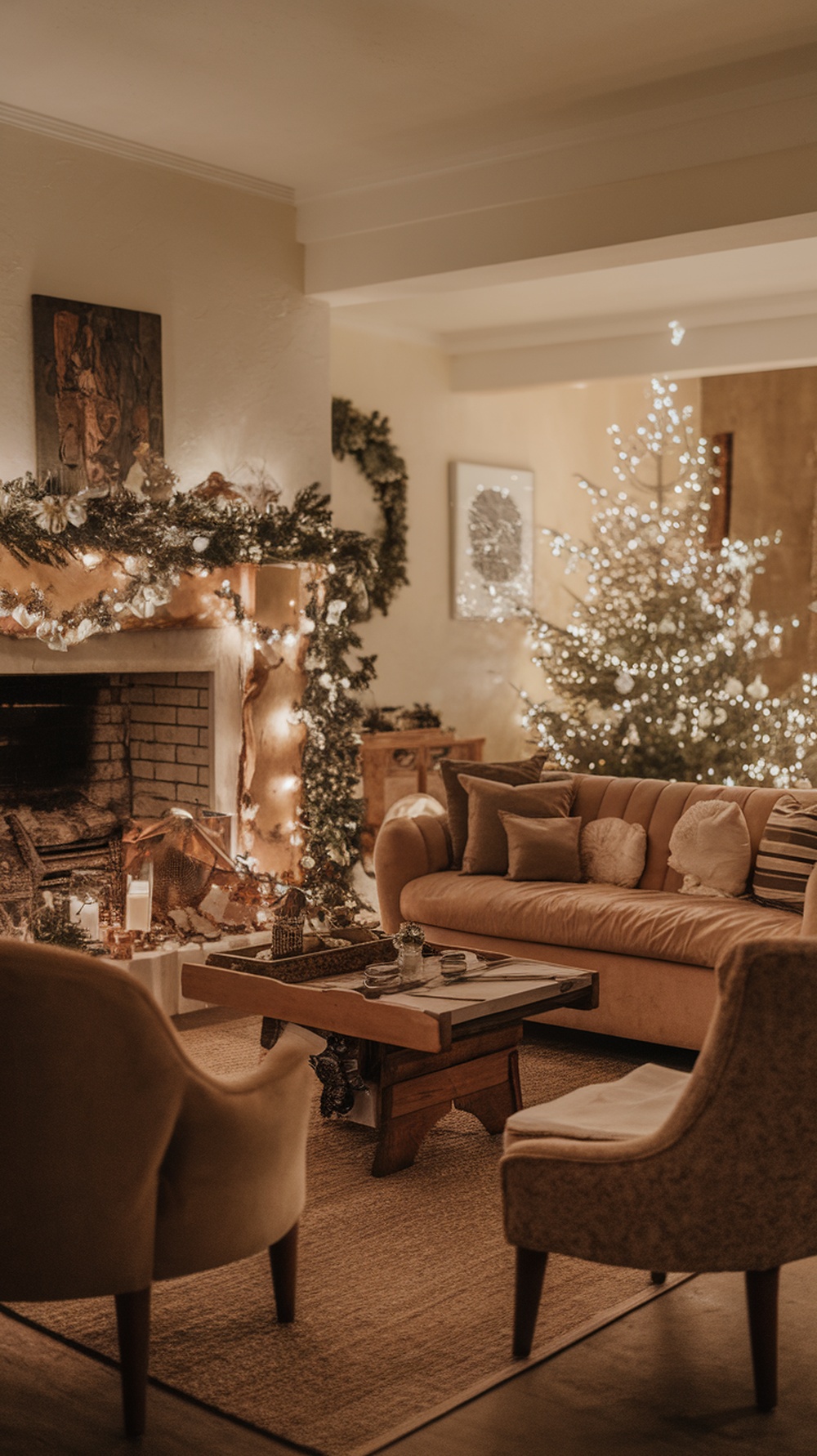 A cozy living room decorated for Christmas with twinkling lights on a tree and fireplace.