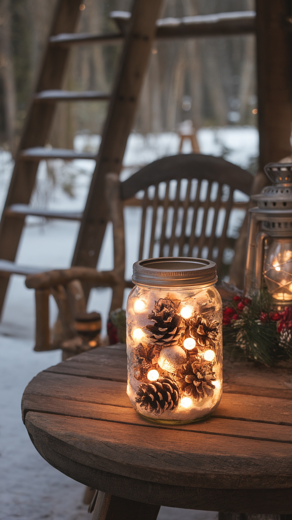 A mason jar filled with pinecones and fairy lights, sitting on a wooden table in a cozy setting.