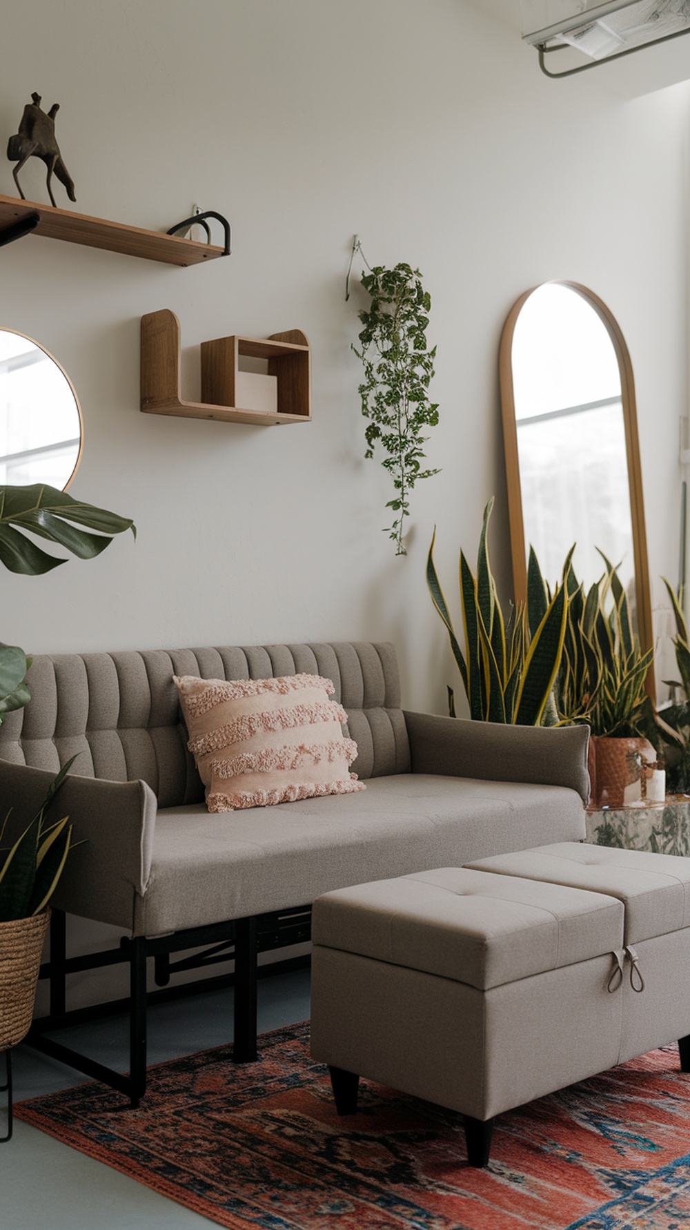 A small living room featuring a stylish sofa, ottoman, and decorative plants.