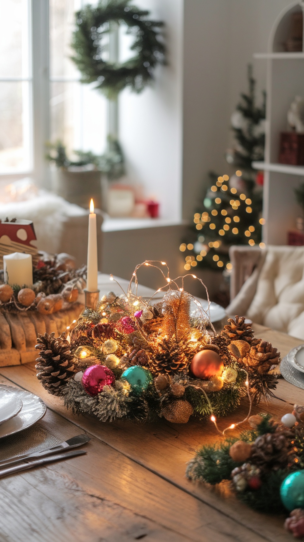 A festive Christmas centerpiece featuring pinecones, colorful ornaments, and fairy lights on a wooden table.