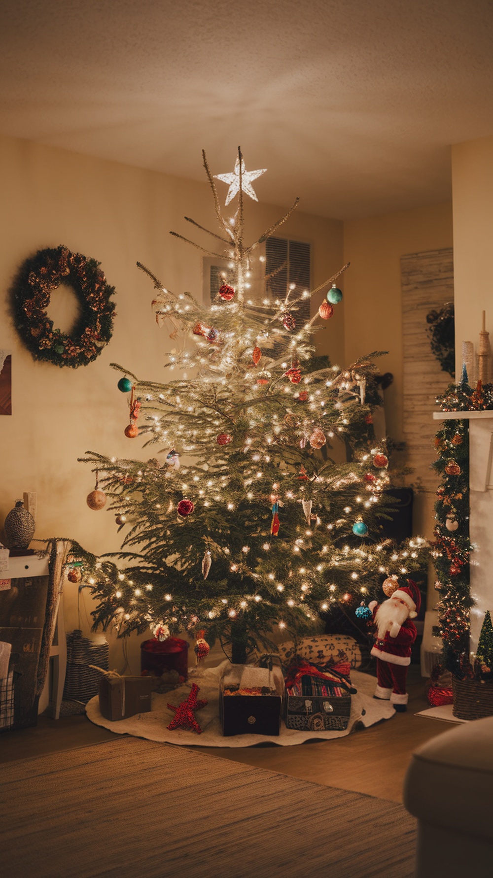 A beautifully decorated Christmas tree with lights and ornaments in a cozy living room setting.