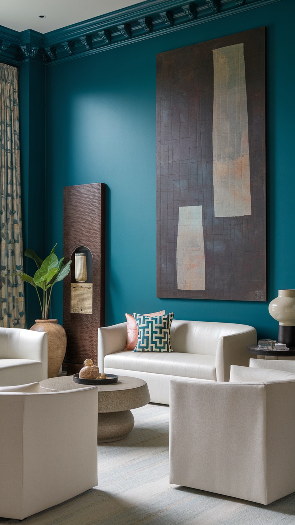 A chic living room featuring a bold teal accent wall, light-colored furniture, and modern decor elements.