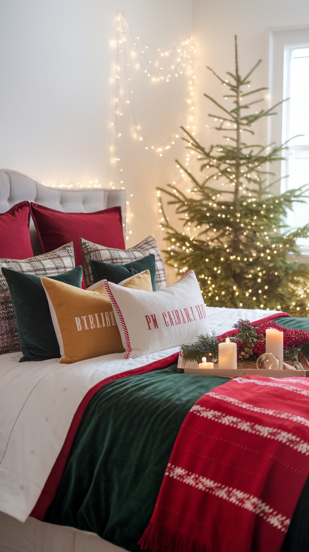 A cozy Christmas-themed bedroom with red and green bedding, decorative pillows, and a Christmas tree.