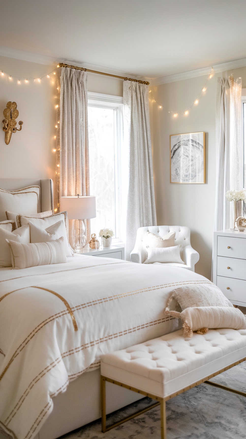 A cozy bedroom with white bedding, gold accents, and soft lighting, creating a winter aesthetic.
