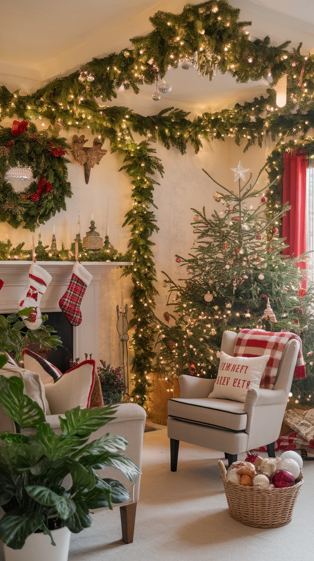A cozy Christmas living room decorated with greenery, lights, and festive ornaments.