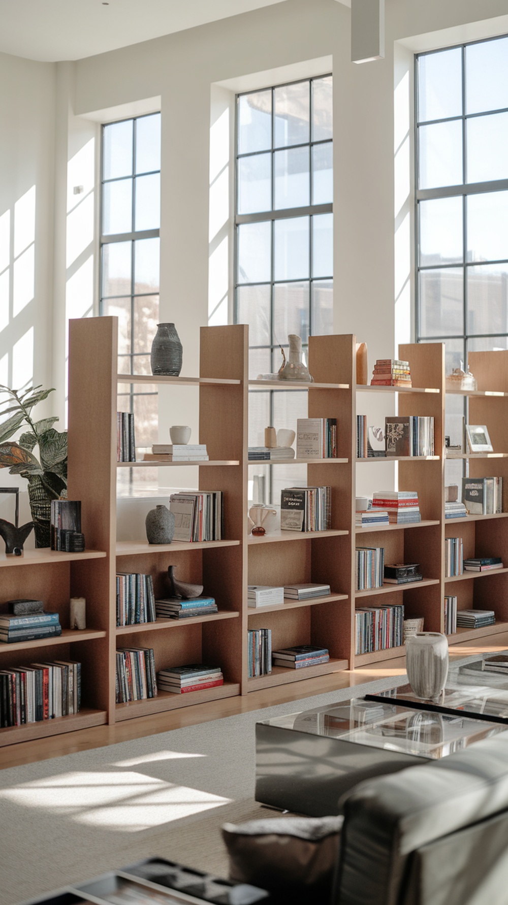 A stylish bookshelf divider in a modern living room, showcasing books and decorative items.