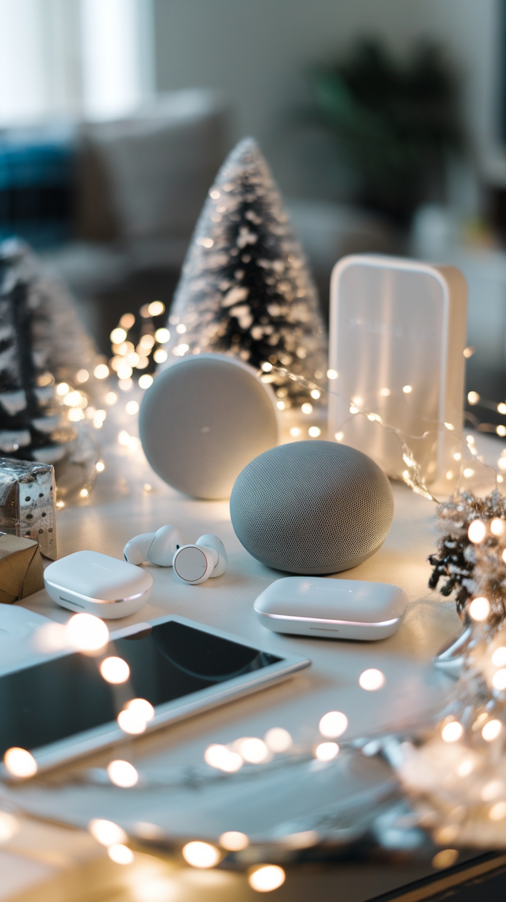 A collection of tech gadgets including smart speakers, wireless earbuds, and a tablet, surrounded by festive decorations and lights.
