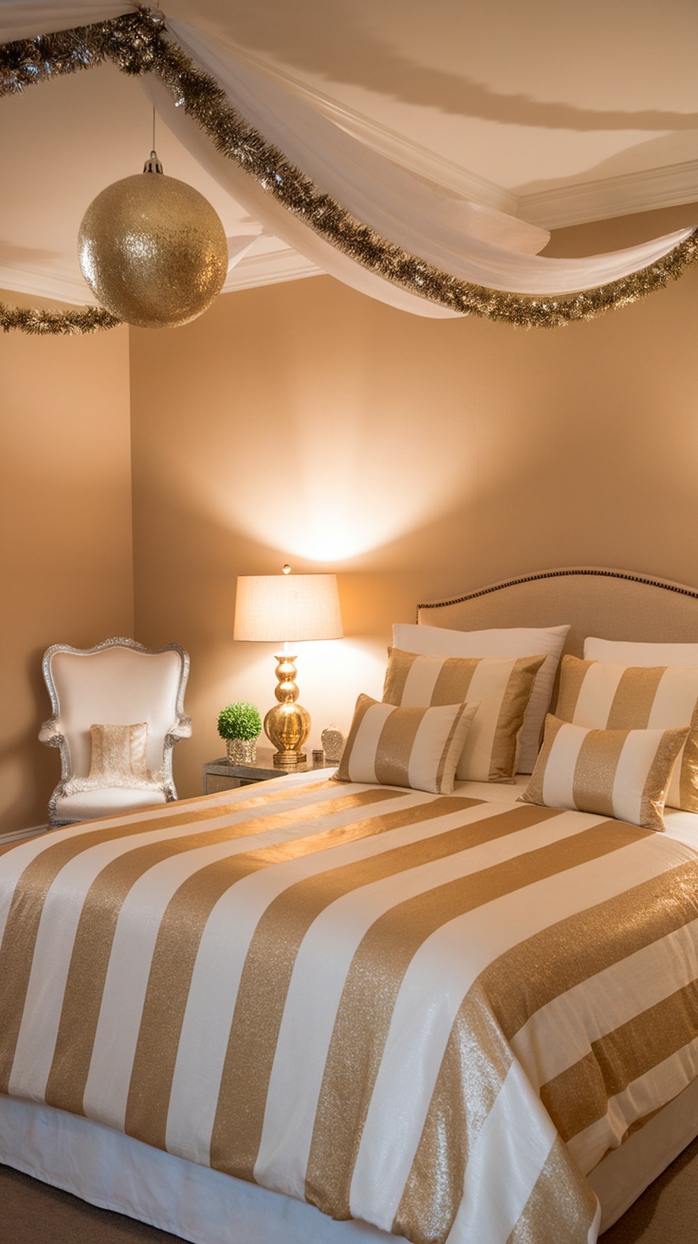 A cozy bedroom decorated with gold and white striped bedding, a stylish lamp, and metallic accents.