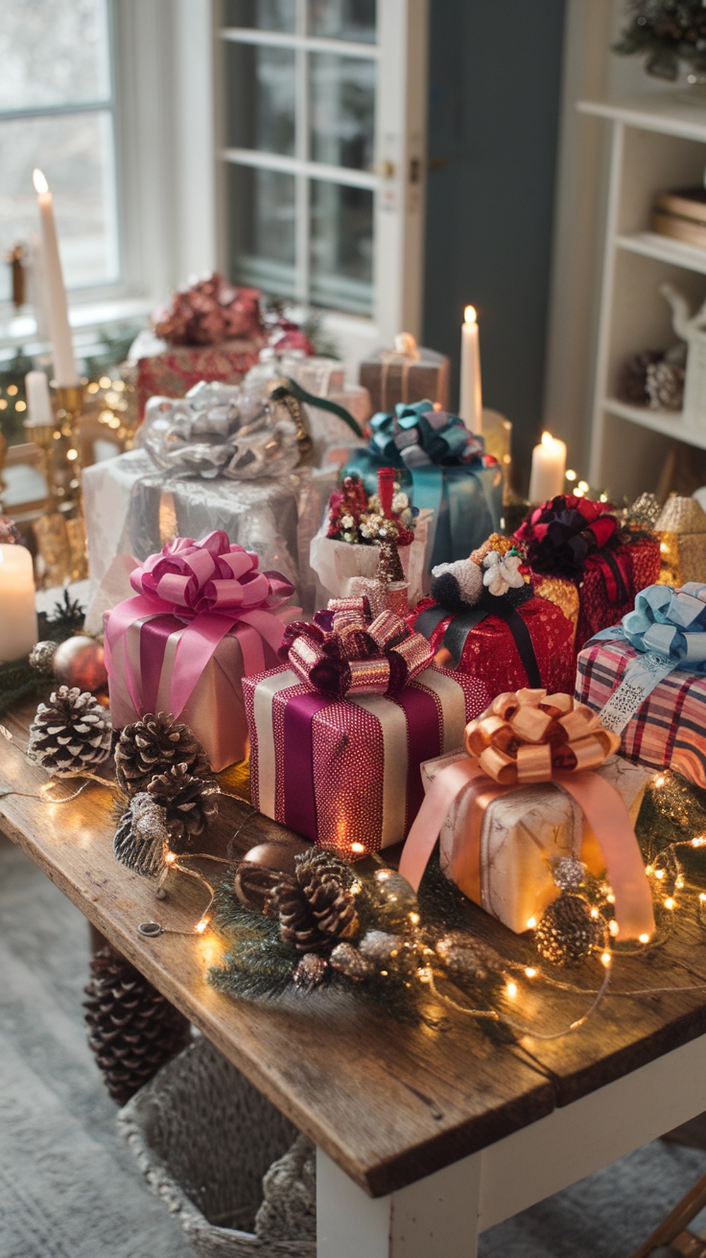 A table filled with beautifully wrapped gifts featuring colorful DIY bows, surrounded by pinecones and candles.
