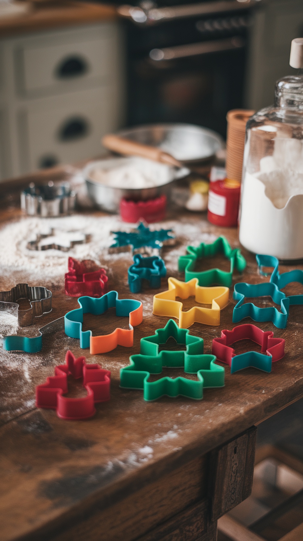 Colorful Christmas cookie cutters on a wooden table with flour