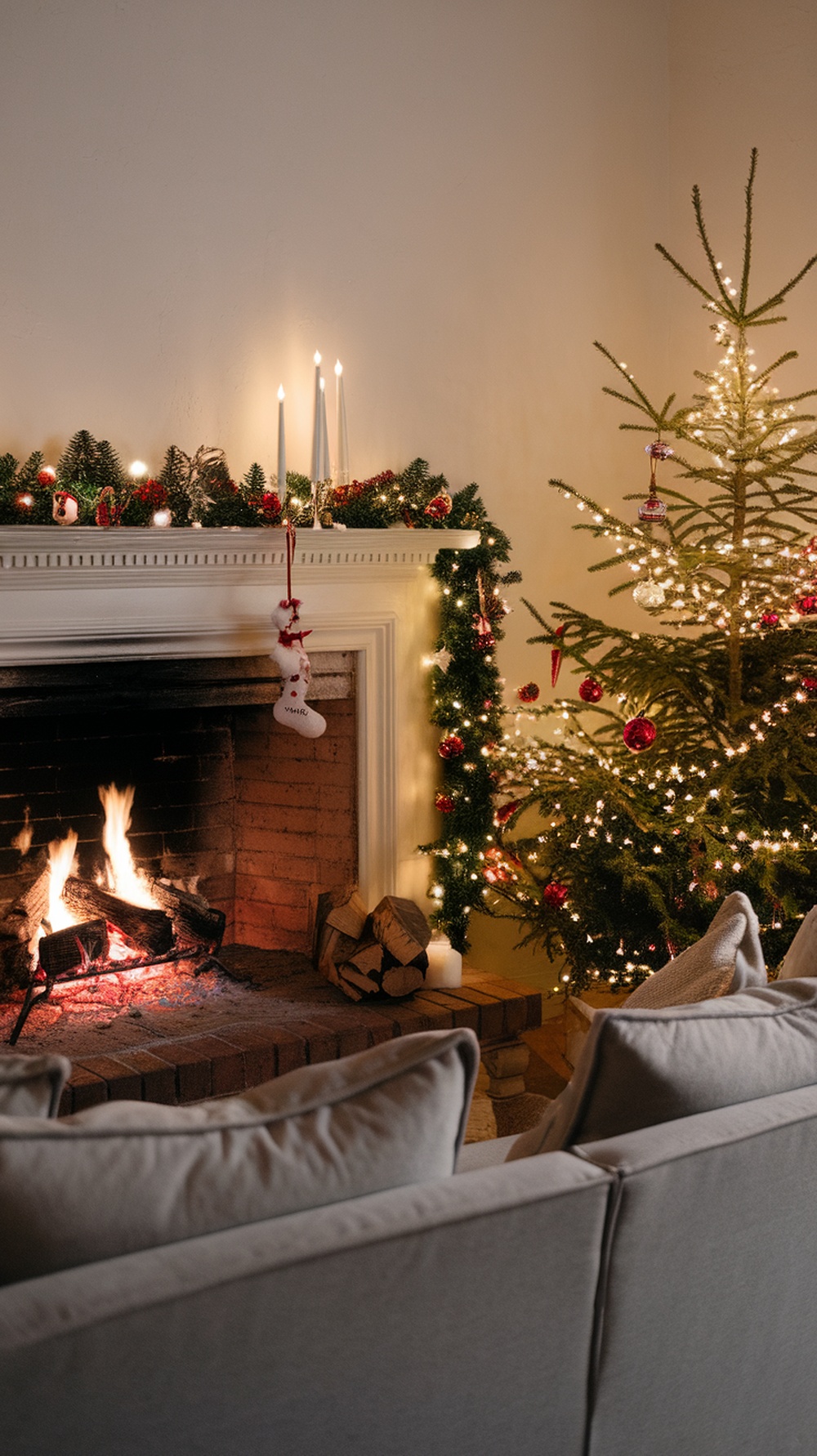 Cozy living room with a fireplace, decorated mantel, and a Christmas tree